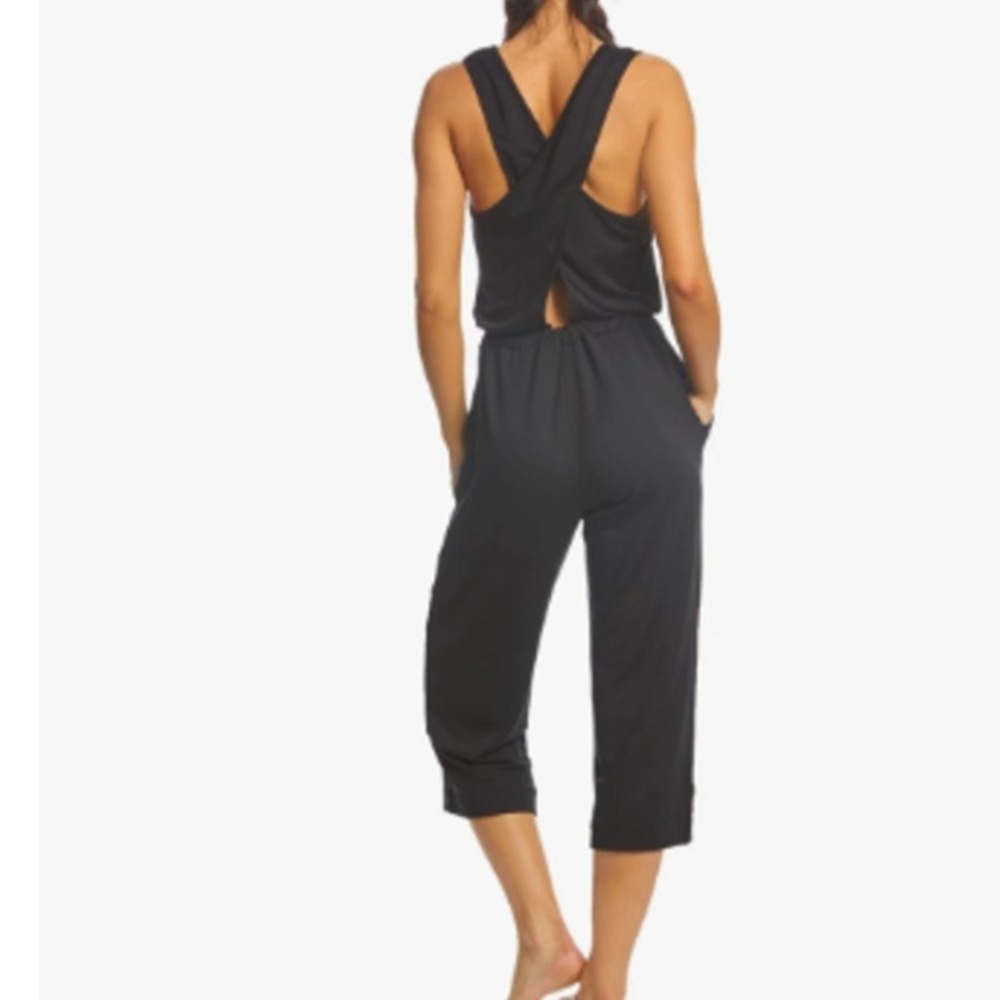 Beyond Yoga Farrah Cropped Jumpsuit Womens Size L Black Terry Cross Back Modal - Picture 2 of 11